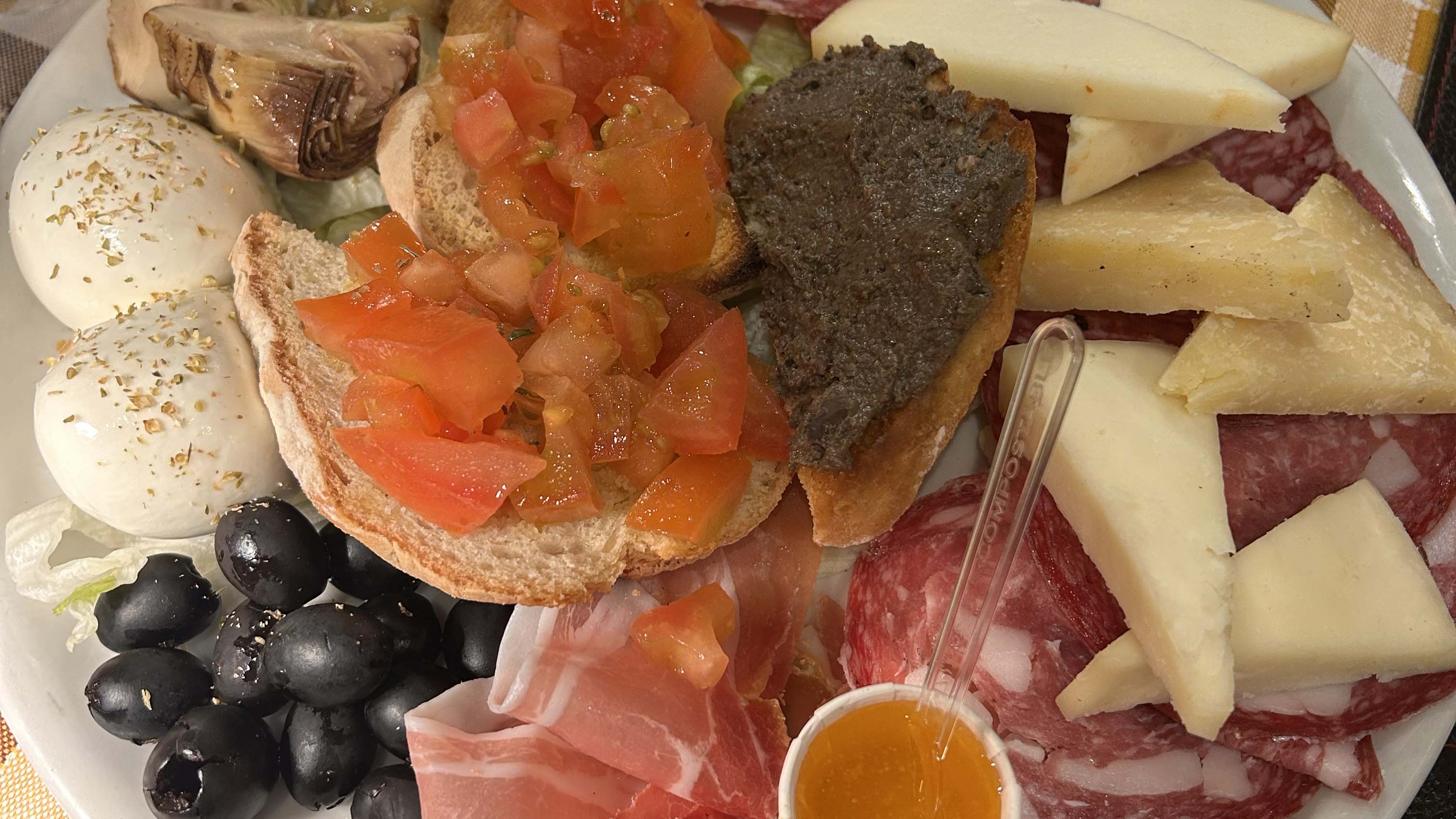 Bilden visar en tallrik med italienska delikatesser.